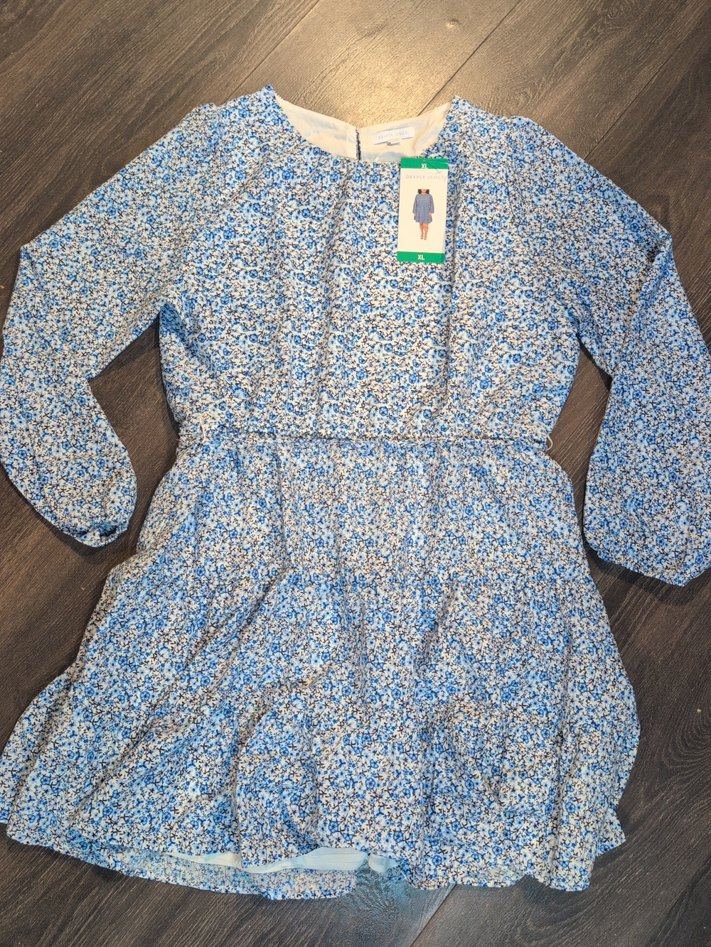 Draper James Women's Blue Floral Long Sleeve Tiered Mini Dress NWT XL